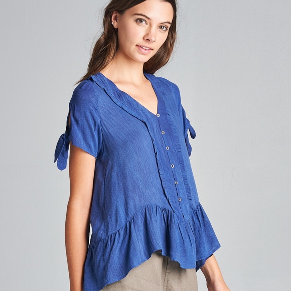 Navy Ruffle Button-Front Top - Picture 2 of 6